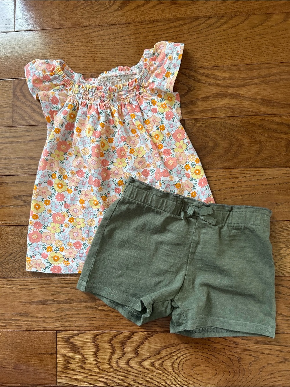 Carter’s Floral Smocked Top with Olive Green Shorts Set